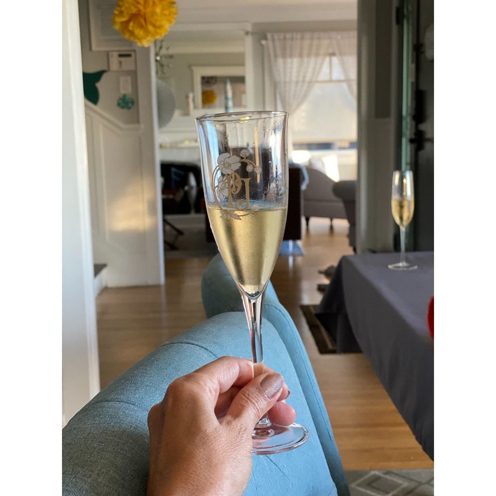 VTG Perrier Jouet PJ Grand Brut Champagne Flute Glasses 2 8" Hnd Painted